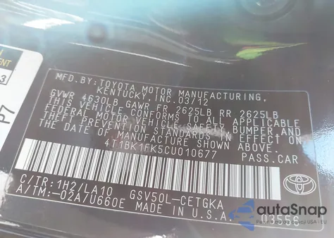 2012 Toyota Camry Xle V6 z USA, uszkodzony, nr VIN 4T1BK1FK5CU010677